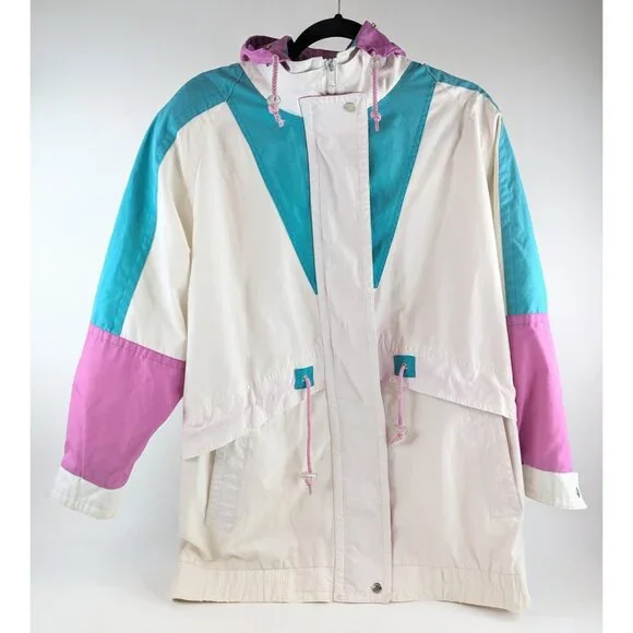 Vtg Current Seen Women’s 16W Colorblock Parka Jacket White Hooded Windbreaker - Picture 1 of 14